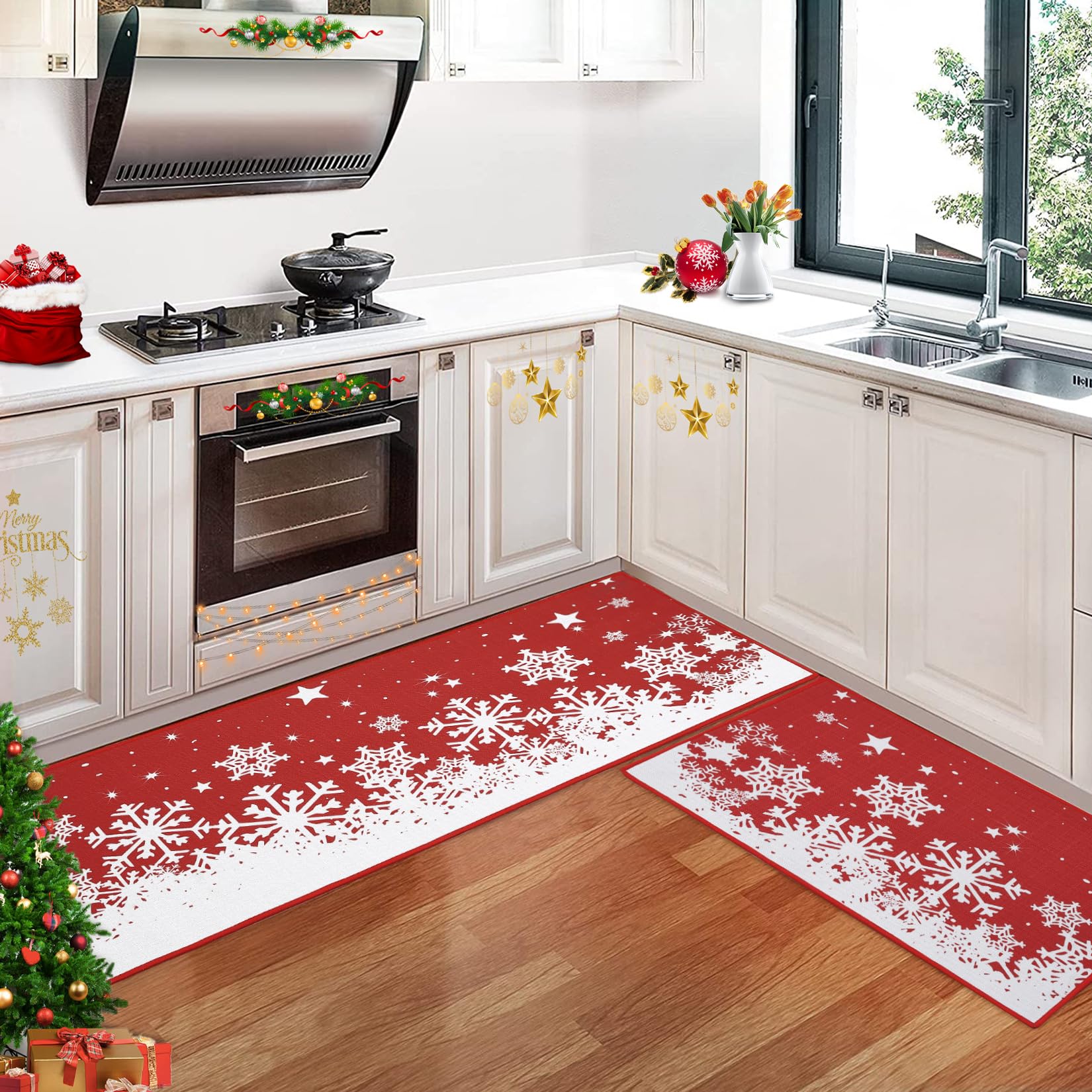 CAROMIO Christmas Kitchen Rugs Set of 2 Winter Holiday Xmas Snowflake Kitchen Floor Mats Non-Slip Doormat Runner Rug Decorative Kitchen Mat for Home Christmas Decor, 17"x29"+17"x47"