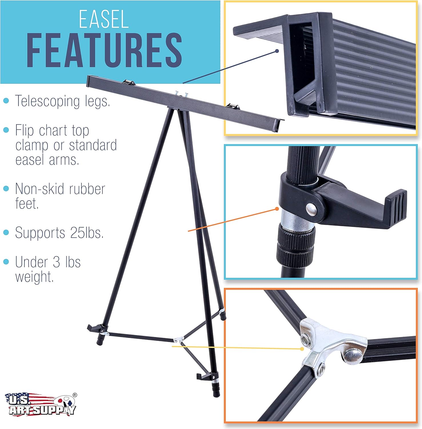 U.S. Art Supply 66" High Boardroom Black Aluminum Flipchart Display Easel and Presentation Stand - Large Adjustable Floor and Tabletop Portable Tripod, Holds 25 lbs - Holds Writing Pads, Poster Boards: Kitchen & Dining