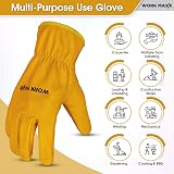 WORK MAXX Gardening Gloves Leather Heavy Duty Thorn Proof Mustard L view 4