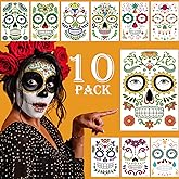 Day of the Dead Face Tattoos Makeup Kit, 10 Pack Halloween Sugar Skull Red Roses Temporary Tattoos for Adults Women Men Kids, DIY Skull Full Face Mask Stickers for Halloween Party Cosplay Supplies