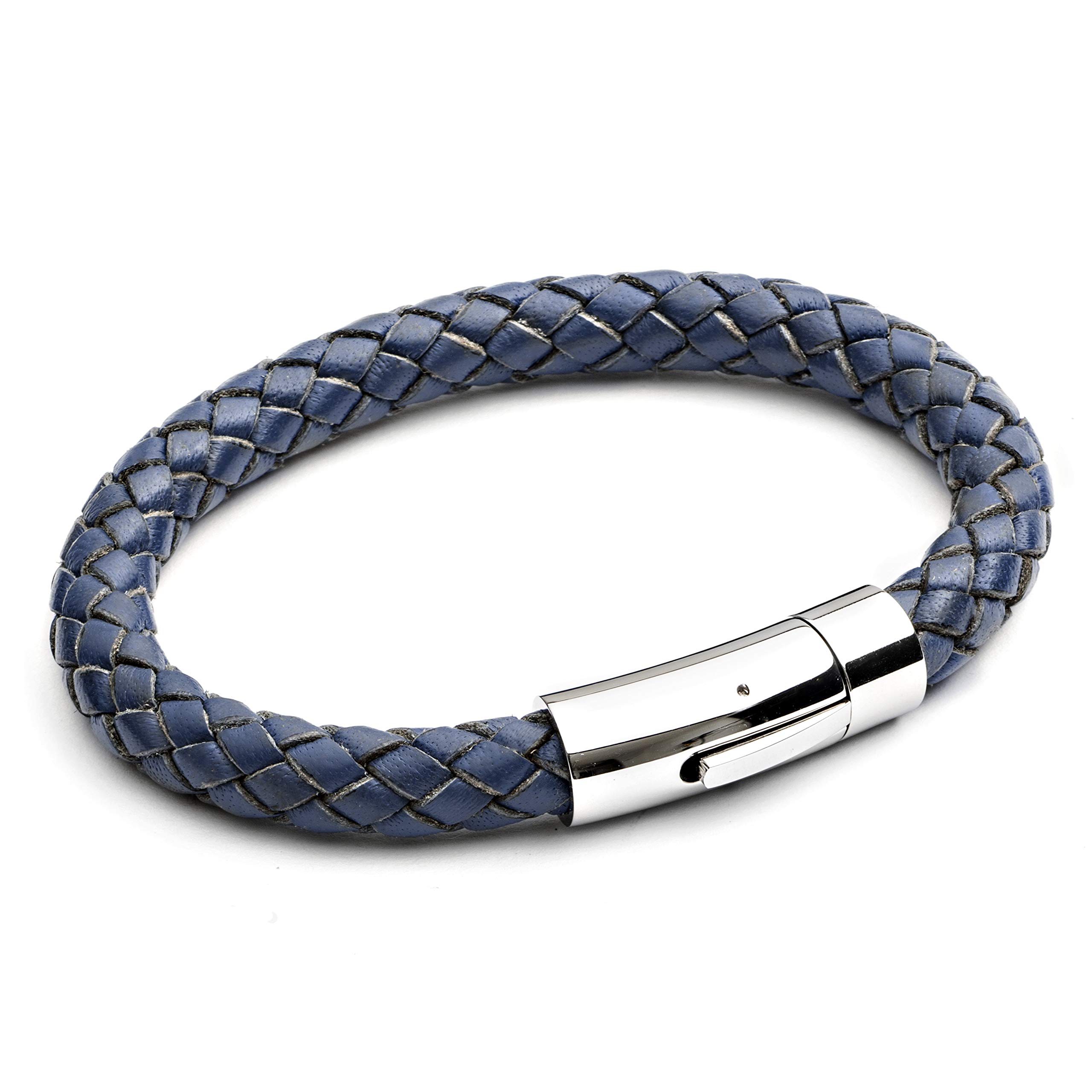 Mens 8mm Thick Leather Bracelet Blue. 21cm - Suitable for Average Size Wrist. Chunky Leather Bracelet for Men with Secure Stainless Steel Lever Clasp. Great Gift by Tribal Steel