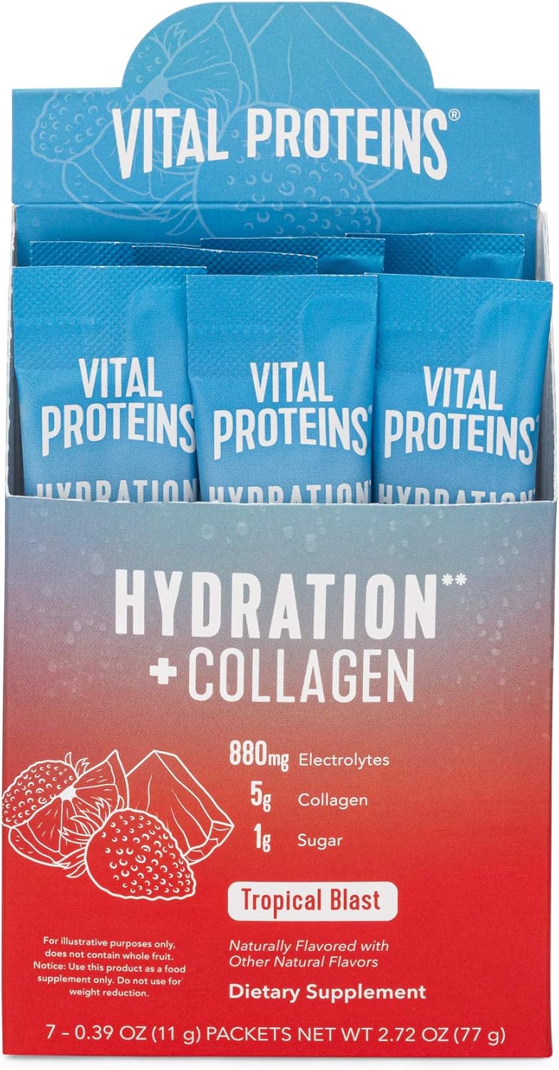Vital Proteins Hydration Electrolyte Powder with Collagen - 1g Functional Sugar - 880mg Electrolytes - 100% DV Vitamin C (Tropical Blast, 7 Count)