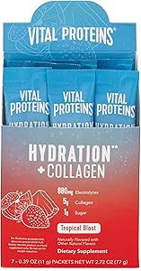 Vital Proteins Hydration Electrolyte Powder with Collagen - 1g Functional Sugar - 880mg Electrolytes - 100% DV Vitamin C (Tropical Blast, 7 Count)