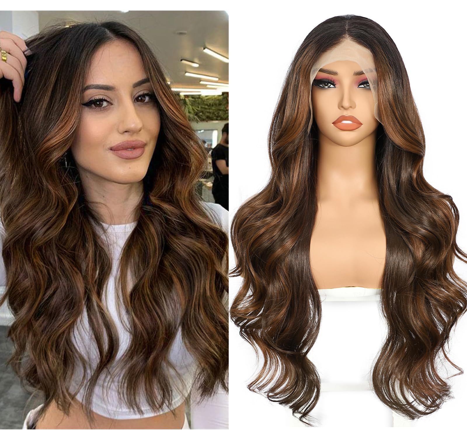Sapphirewigs Brown Lace Front Wig Synthetic 13x4 Body Wave Balayage Synthetic Lace Front Wigs Party Date Daily Wear Christmas Natural Looking 26 inch — image 1