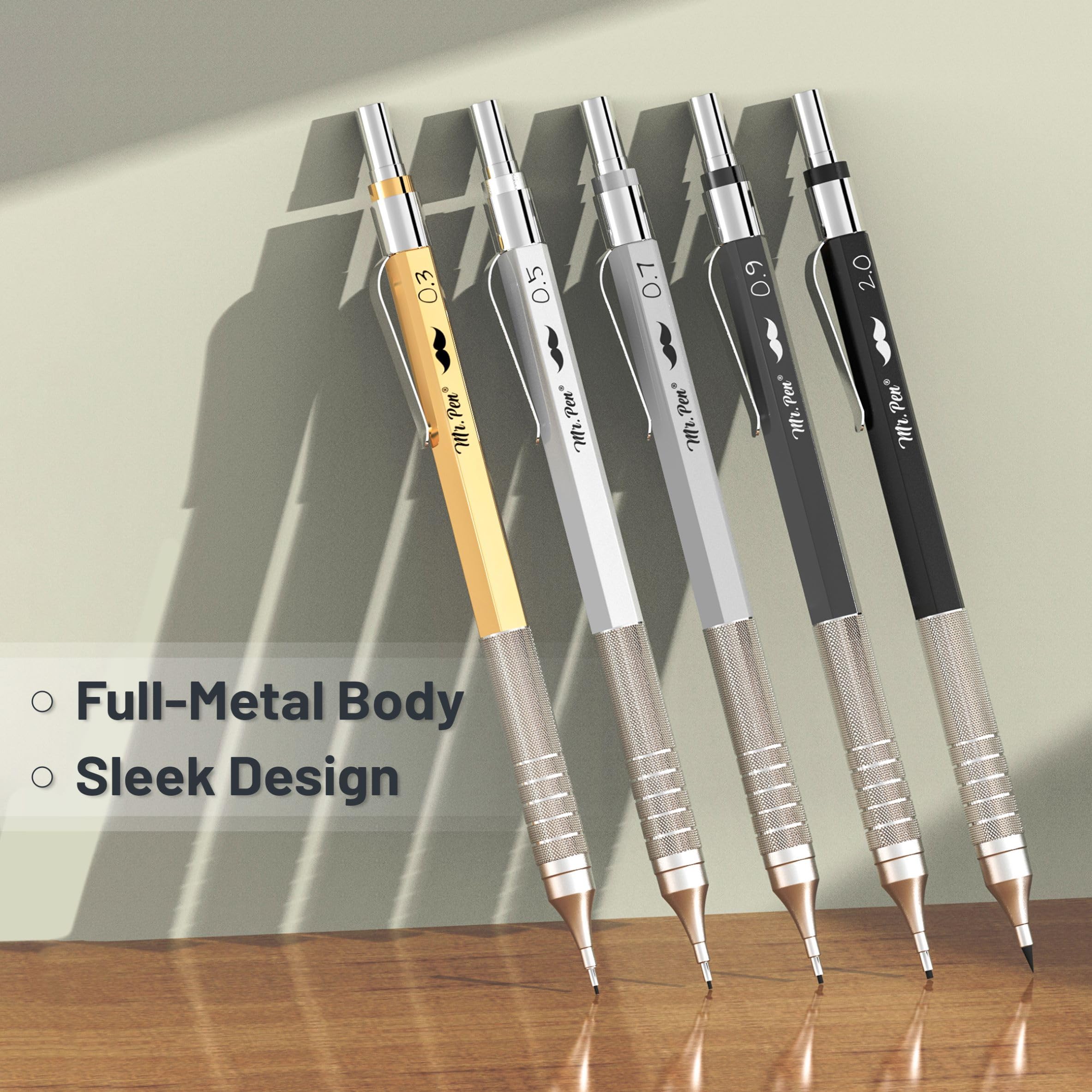Mr. Pen Metal Mechanical Pencil Set with Leads and Eraser Refills, 5 Sizes - 0.3, 0.5, 0.7, 0.9 and 2 Millimeters, Sketching/ Drafting Pencil