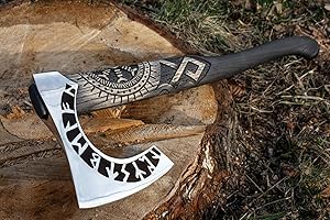 SHINY CRAFTS-Axes Viking Axe Hatchet- 27" Long Helm of Awe Carved Axe Forged Steel Axe with Engraving Medieval Viking Tomahawk Runic Bearded Axe with Genuine Leather Sheath (SCA 11)