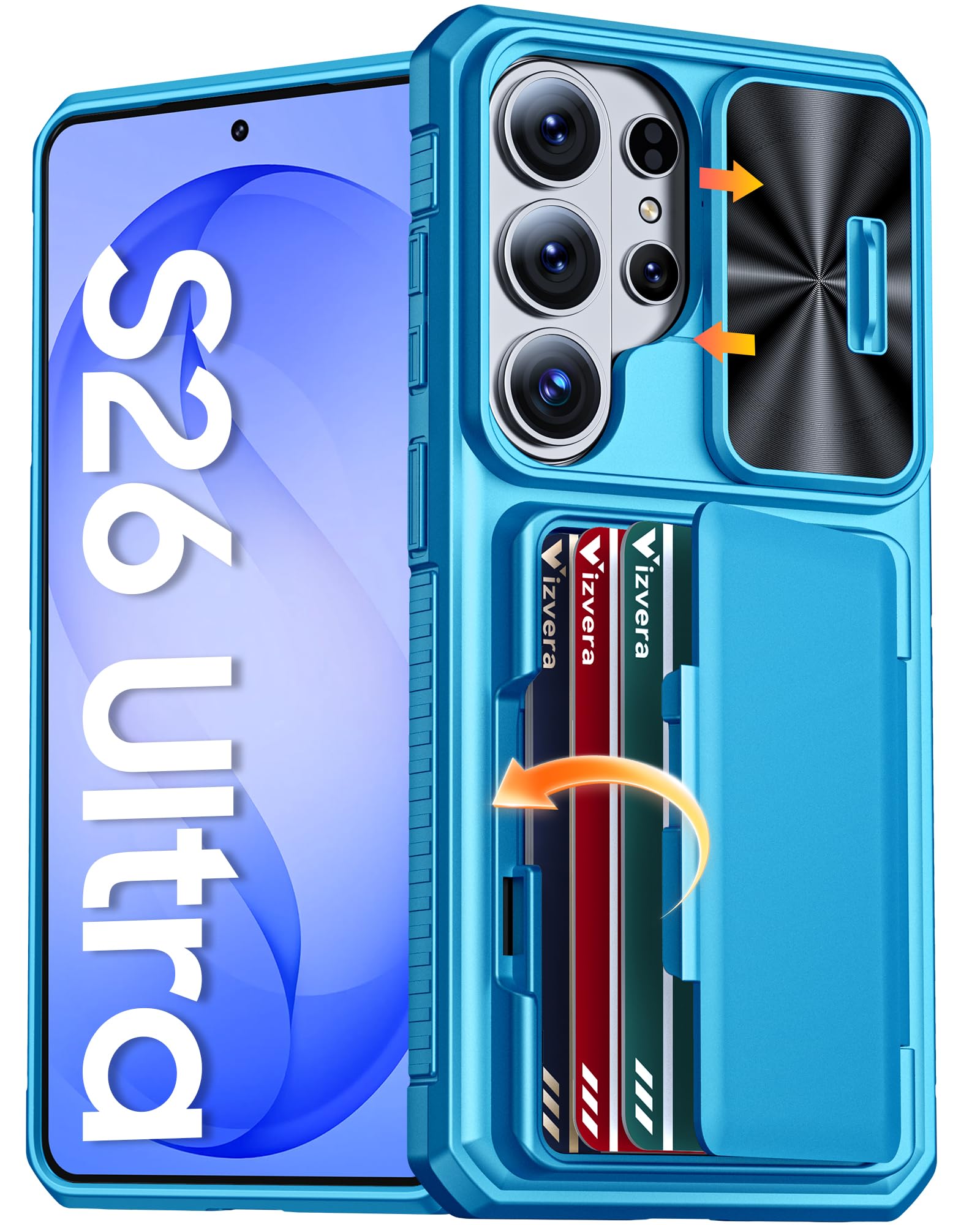 Vizvera for Samsung Galaxy S26 Ultra Case Wallet RFID [Cards Holder][Camera Cover][Edge Raised] Full Body Rugged Shockproof Silicone Phone Case for Galaxy S26 Ultra 6.9" 2026,Lake Blue