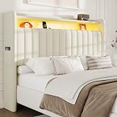 S.E.C.D Upholstered Queen Size Headboard Only, 2-Tier Storage, Beige | Vertical Channel Tufting, LED Light, Charging Station, Stable Wingback, Side Pockets, Bed Frame Adapters, Easy Assembly