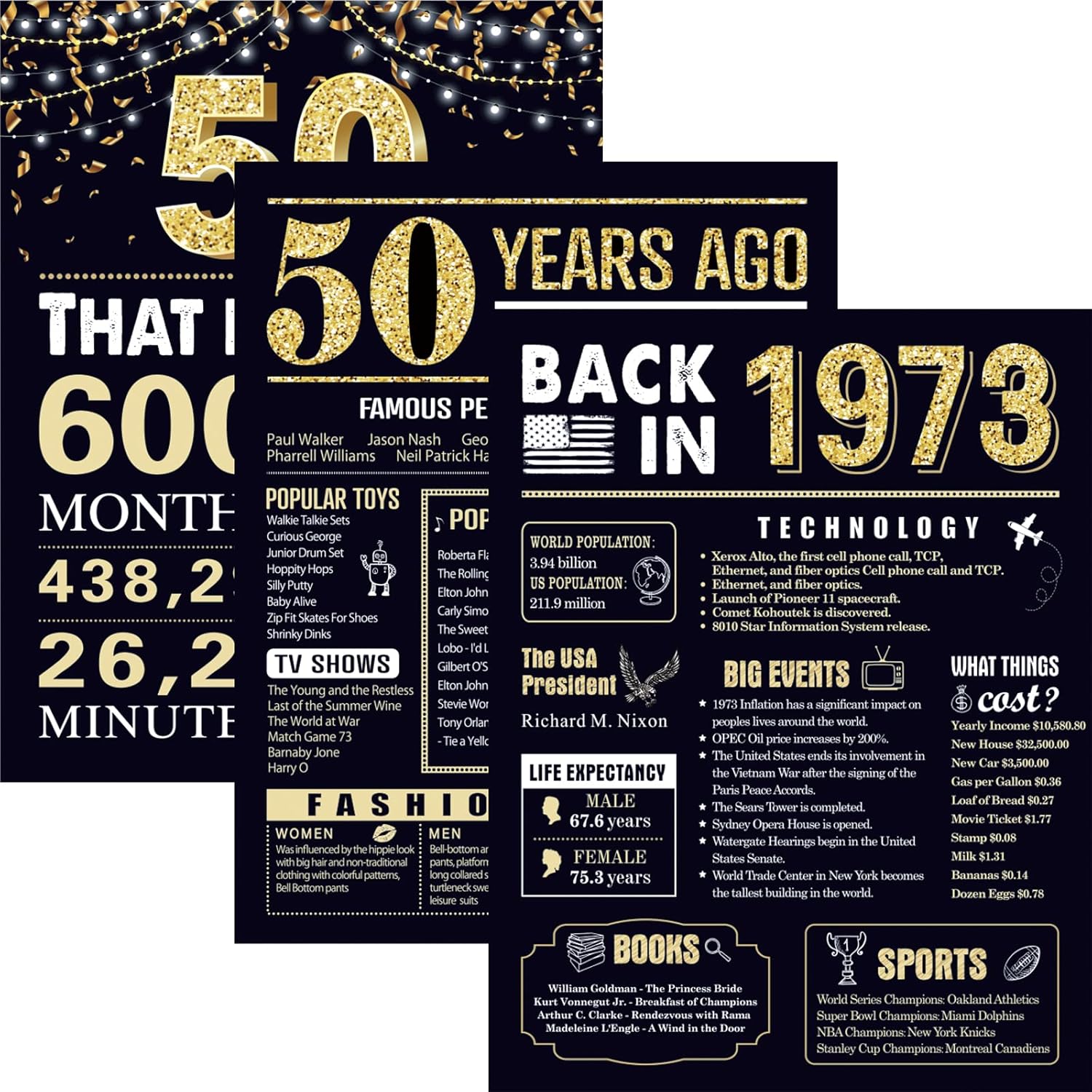 Wall Décor - 50 Years Ago 50th Birthday Wedding Anniversary Poster 3 Pieces 11 x 14 70s Party Decorations Supplies Large Sign Home Decor for Men and Women ( Back in 1973 - 50 Years)