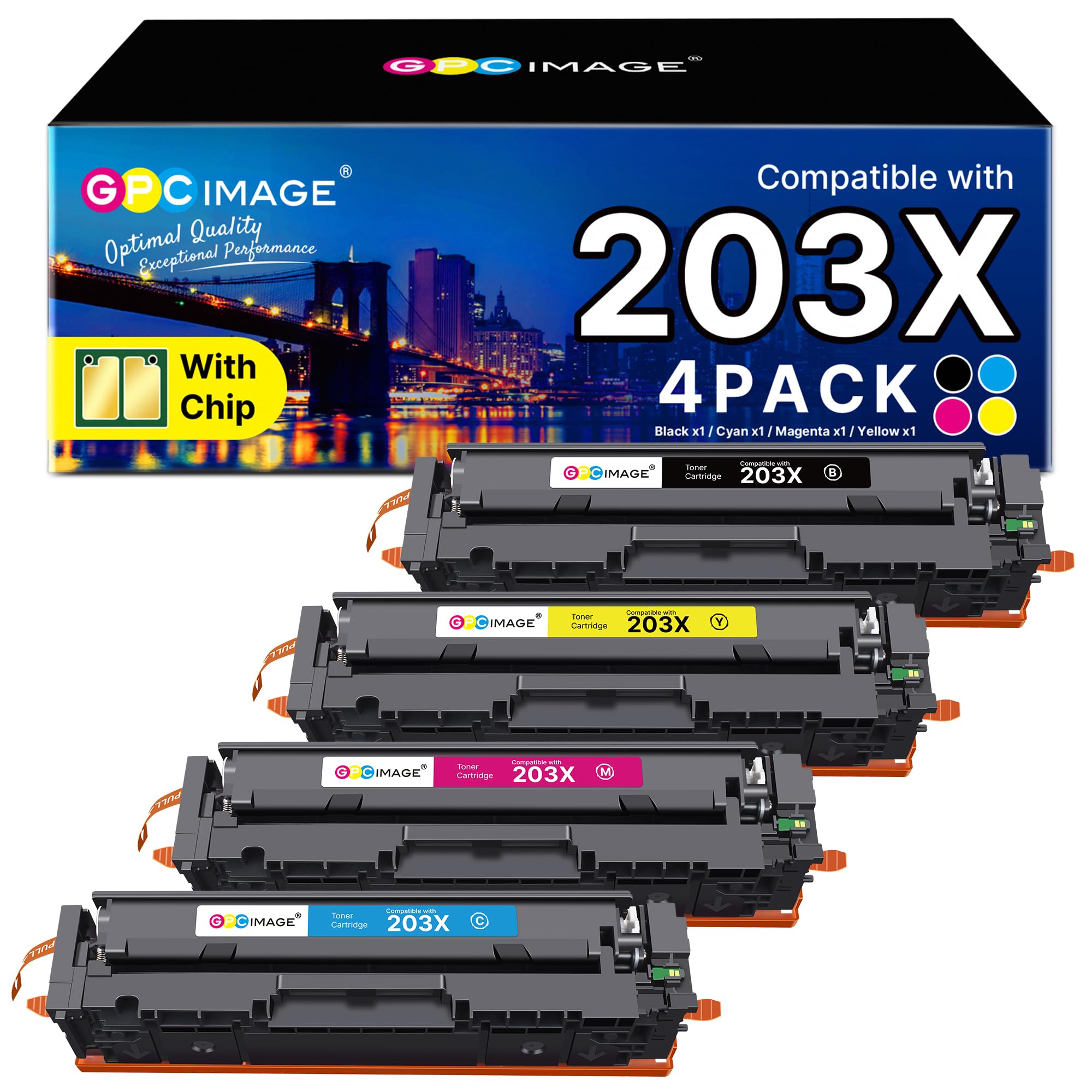GPC Image 203X Toner Cartridges Compatible for HP 203X 203A CF540X for HP Color Laserjet Pro MFP MFP M281fdw M254dw M254nw M281fdn M280nw M281cdw M254dn (Black Cyan Magenta Yellow, 4-Pack)