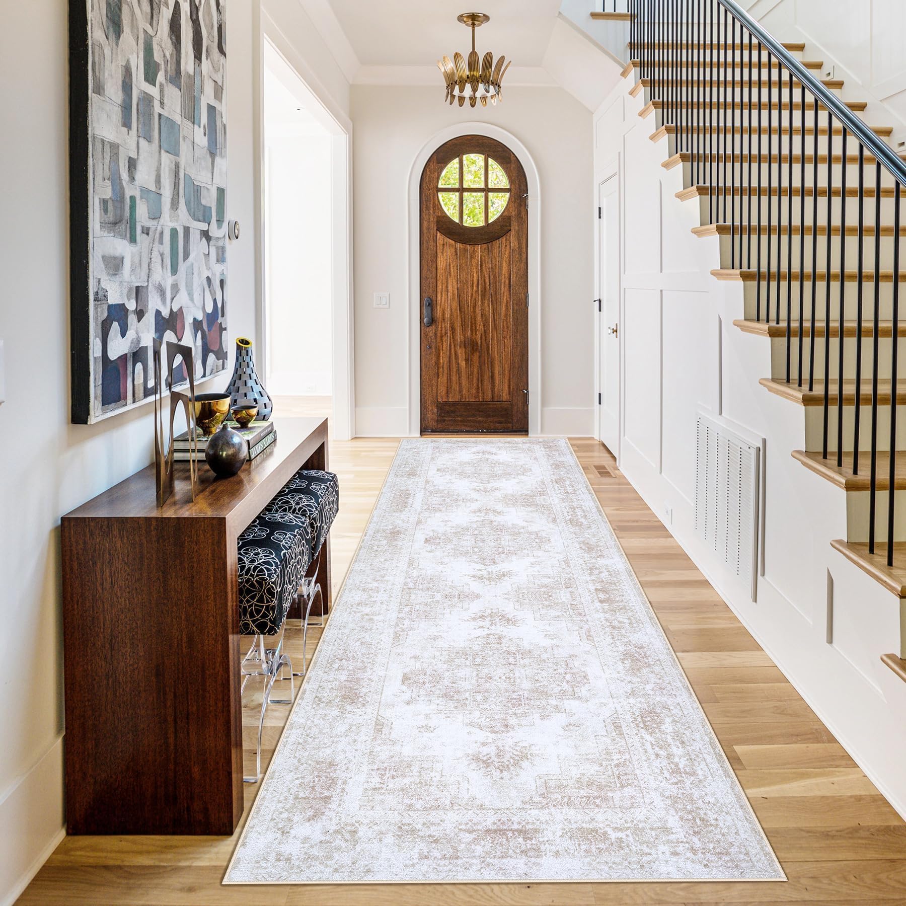 Photo 1 of Runner Rug 2x6 Vintage Rugs, Machine Washable Kitchen Runner Retro Medallion Distressed Rug Non-Slip Soft Low Pile Hallway Rugs for Entryway Bedroom Bathroom Laundry(Beige,2'x6')
