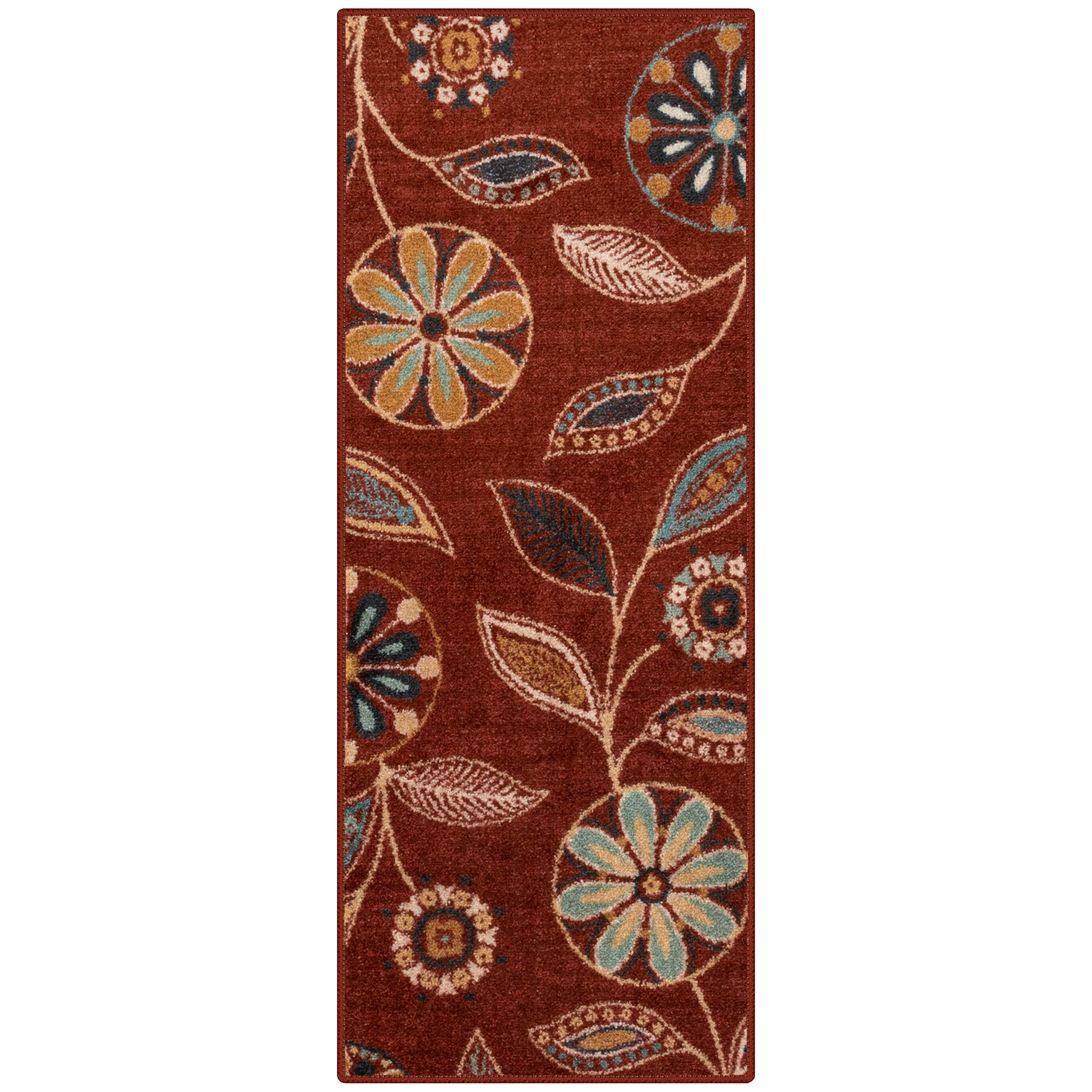 Maples Rugs Reggie Floral Runner Rug Non Slip Hallway Entry Carpet [Made in USA], 1'8 x 5, Merlot