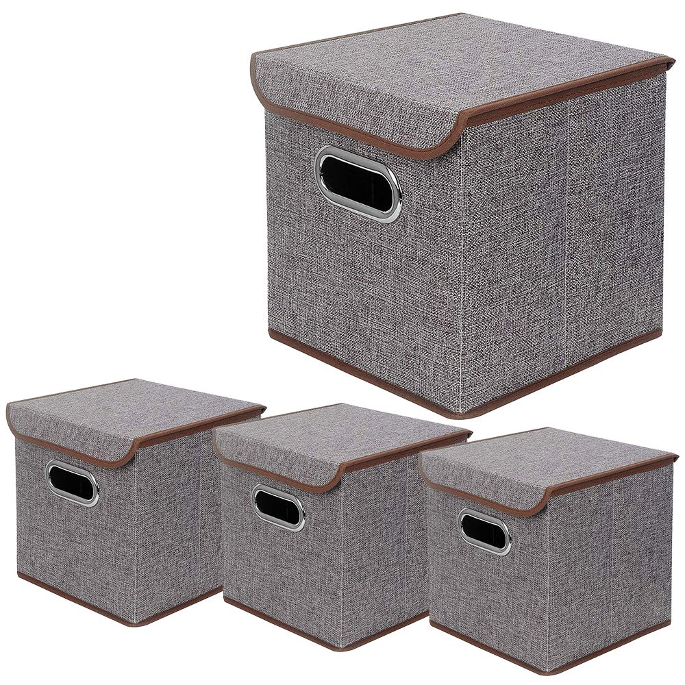BeigeSwan Storage Bin [Set of 4] Linen Fabric Foldable Container with Lid, Collapsible Organizer Boxes Cubes - 10 x 10 x 10 Inches (Gray)
