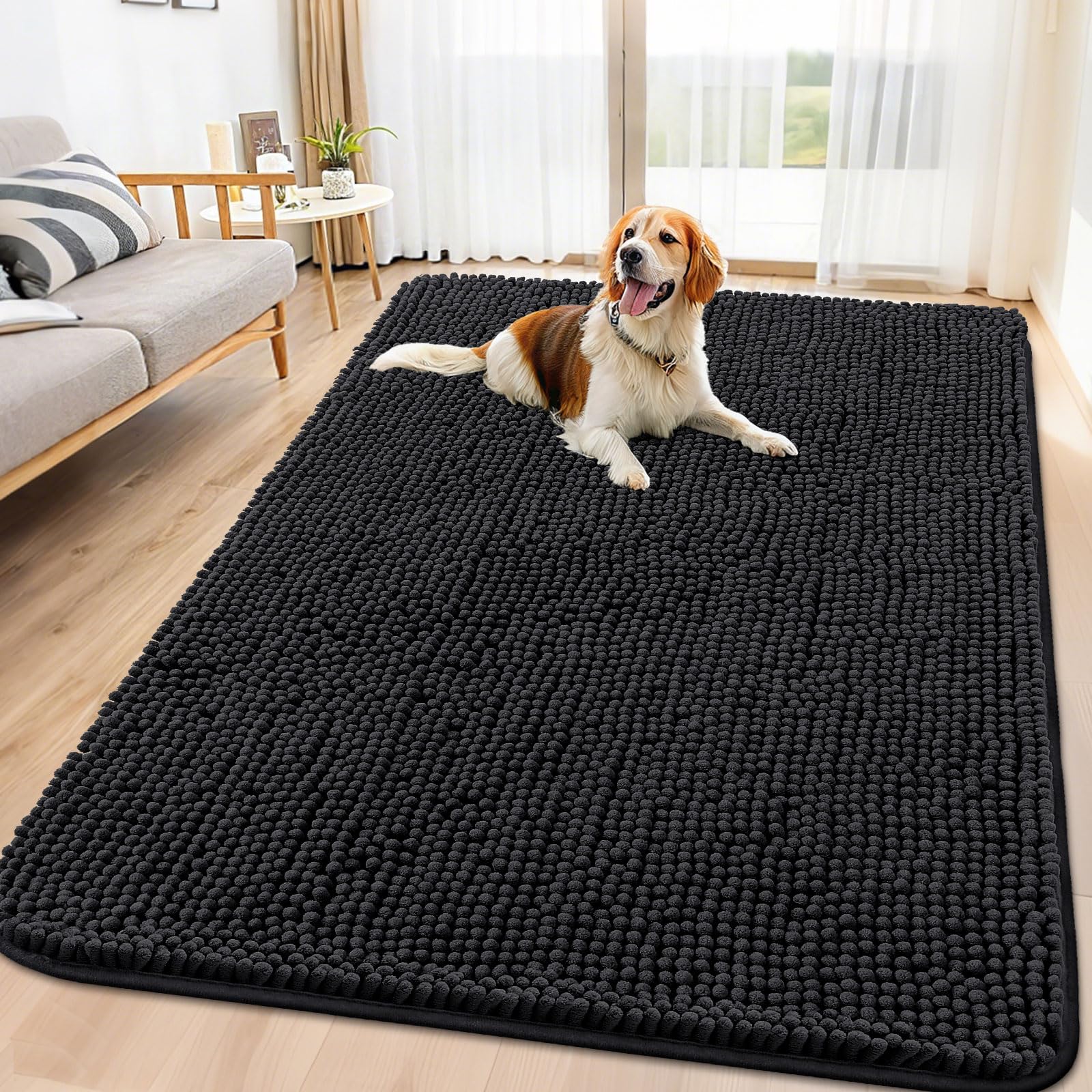 Photo 1 of Smiry Dog Door Mat for Muddy Paws 71x46, Absorbs Moisture and Dirt Doormat, Non-Slip Washable Quick Dry Chenille Front Door Mat Indoor Entrance, Entryway Carpet for Inside Floor, Black
