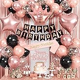 Rose Gold Birthday Decorations - Black & Rose Gold Balloons, Happy Birthday Banner, Sash, Cake Topper, Fringe Curtain & Foil Balloons for Girls' Party Supplies