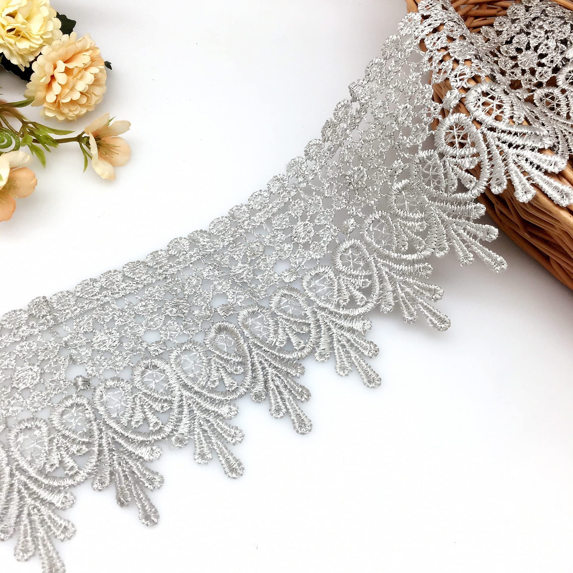 FQTANJU 5 Yard Floral Lace Edge Trim 9cm Wide Ribbon Edging Trimmings Wedding Dress Embellishment Gift Party Decoration Applique DIY Sewing Crafts (Gray)