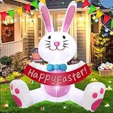 TwoBees 5FT Easter Inflatables Outdoor Decorations Easter Bunny Holds Banner with LED Lights Blow Ups Decor for Yard Outside Indoor Party Home Garden Lawn Holiday