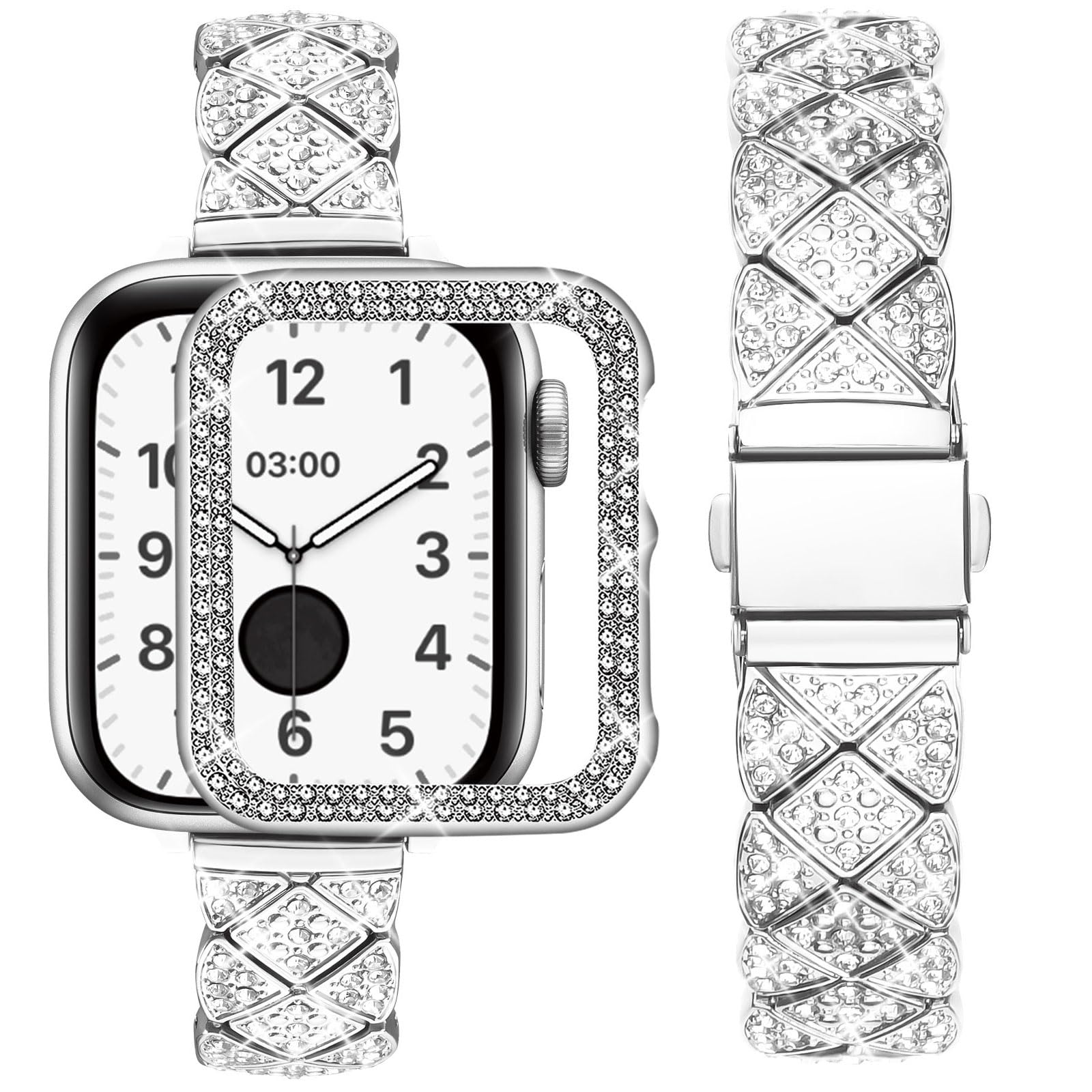 wutwuk Compatible Apple Watch Straps with Case 40mm for Women and Girls, Slim Bling Stainless Steel Metal Replacement Strap, Jewelry Metal Watch Strap for iWatch SE3/2/1 Series 6/5/4 40mm Silver