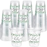 Funnymoom 60 Pack Sage Eucalyptus Baby Shower Plastic Cups 12 oz Sage Greenery Disposable Clear Plastic Cups for Baby Shower Birthday Boho Greenly Party Decorations Supplies
