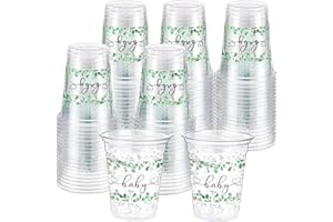 Funnymoom 60 Pack Sage Eucalyptus Baby Shower Plastic Cups 12 oz Sage Greenery Disposable Clear Plastic Cups for Baby Shower 