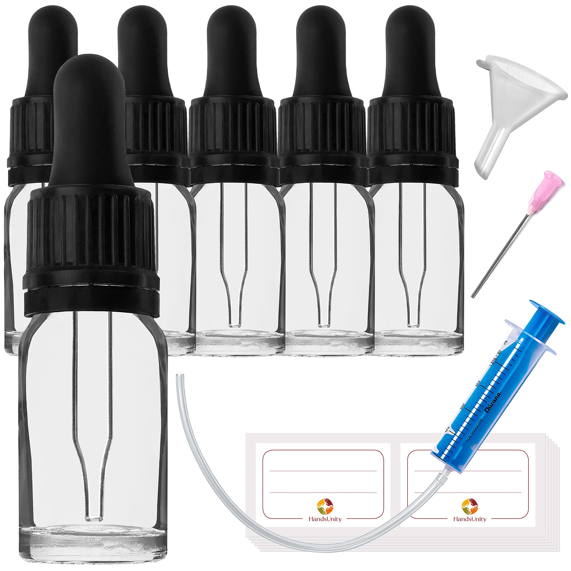 HandsUnity 10ml-6pcs Pipette Glass Bottle - Clear Glass Pharmacy Jar Set with Black Pipette Cap includes 17pcs Auxiliary Accessories Transparent Glass Bottles