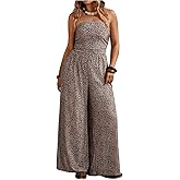 Verdusa Women's Plus Size Leopard Strapless Jumpsuits Wide Leg One Piece Rompers