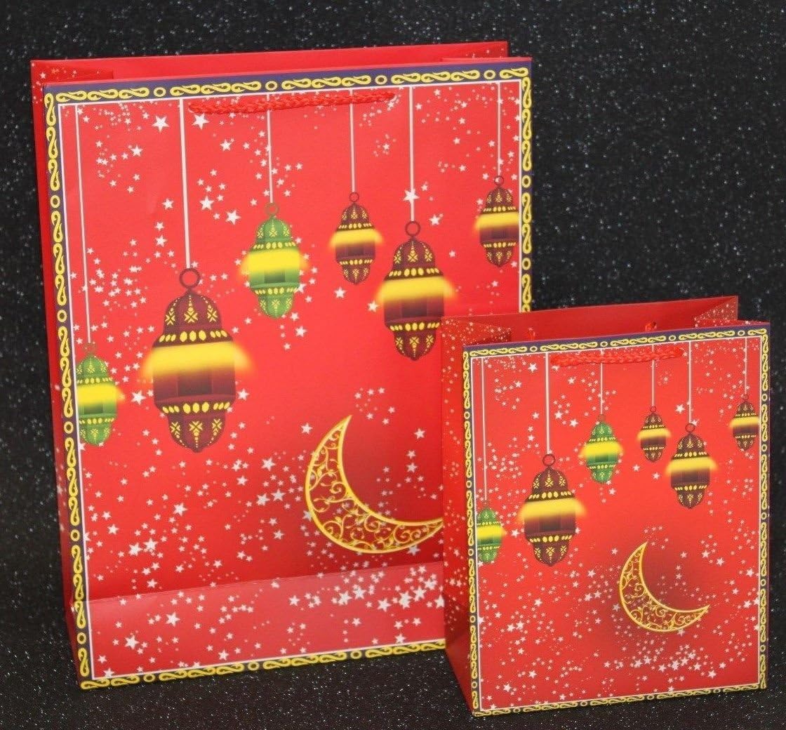 MHA UK branded Pack of 6 decorative lantern & crescent printed Ramadan & Eid Mubarak gift bags (Large - 25.5x33x10cm)
