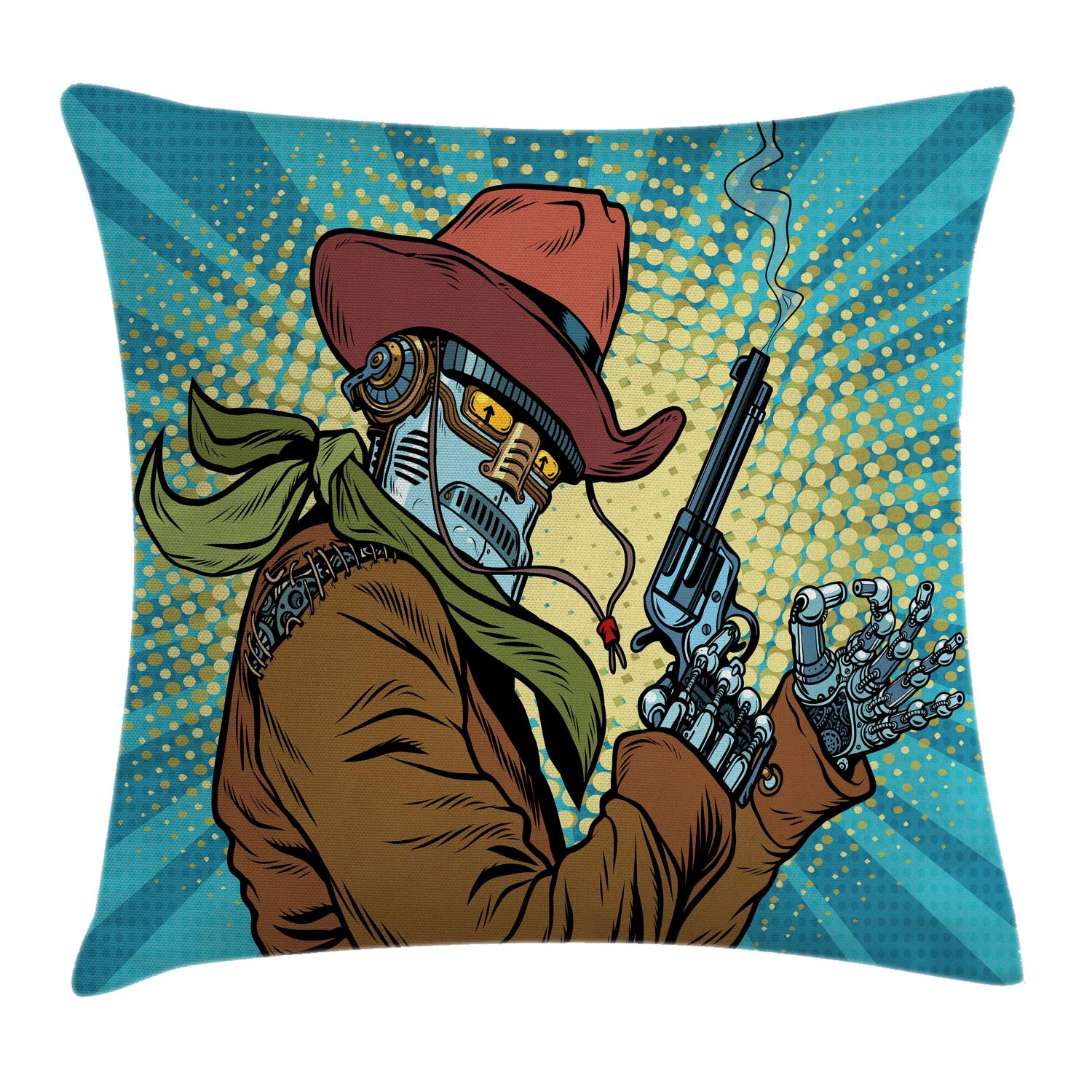 Ambesonne Blue Decor Throw Pillow Cushion Cover Steampunk Western Style Robot Cowboy Makes Ok Gesture Illustration Decorative Square Accent Pillow
