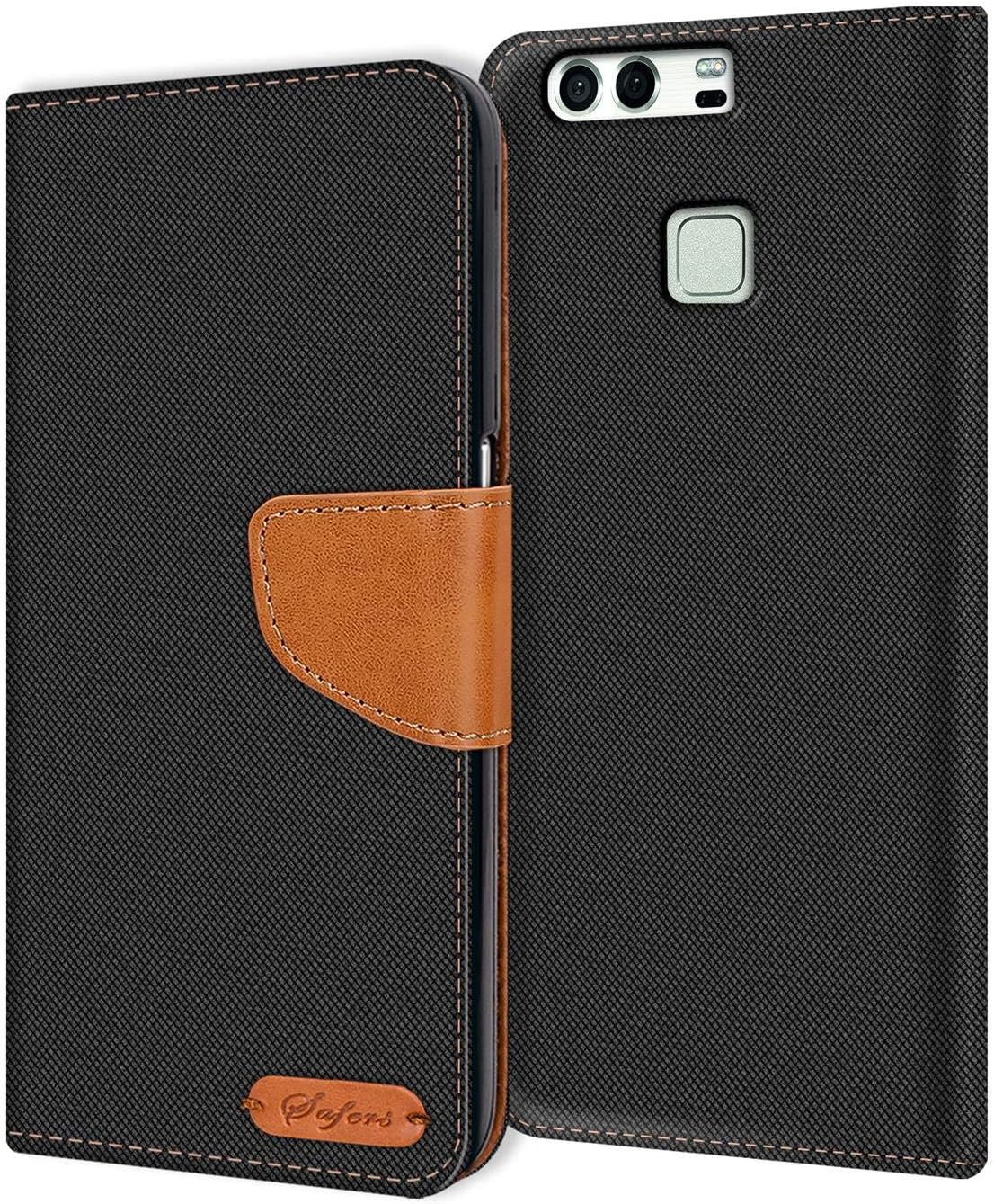 Verco Phone Wallet Case compatible with the Huawei P9, Canvas Faux Leather Book Cover for the P9 Flip Case Bag Hinged - Black