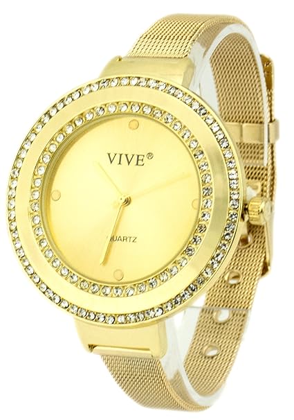 Einzigartige Mescharmband Uhr Mesh Armbanduhr Goldenes Farbiges Zifferblatt Damen Stahlarmband Uhr Rundes Gehäuse Gold Gelb G