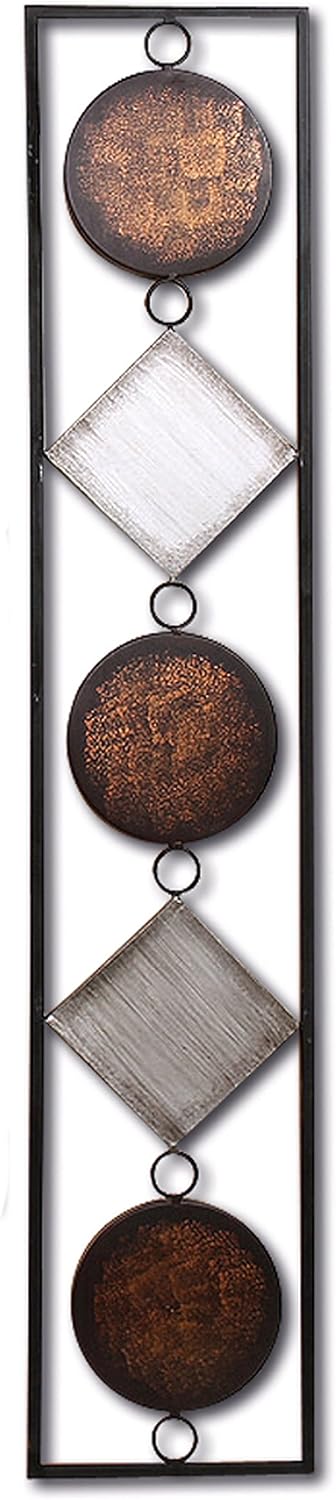 WHW Whole House Worlds Modernist Floating Circles and Squares, Rectangle Frame Metal Wall Art, Artisan Crafted, Rustic Gray, Bronze,Gold and Silver Painted Iron, Over 3 Ft Long, Plaque