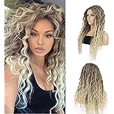 onemily Long Wavy Curly Wigs for Women,26inch Blonde Synthetic Hair Wig,Natural Layered Wig for Daily Party Use(Ash Blonde)