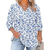 Rapbin Womens Plus Size Tops 3/4 Sleeve Blouses Shirts Casual V Neck Loose Tunic Tops 1X-5X