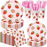 QIYANPAX 168 Pcs Strawberry Birthday Decorations, Includes Plates, Napkins, Cups, Cutlery for Berry First Birthday Decor, Serves 24, Pink Strawberry Party Tableware