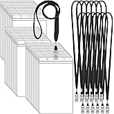 Thenshop 50 Pack Extra Large 4 x 8 Inch Plastic Badge Holder with Lanyard Bulk PVC Ticket Event Credential Protector Sleeves Clear Waterproof ID Card Holder for Sporting Events Concerts Office(Black)