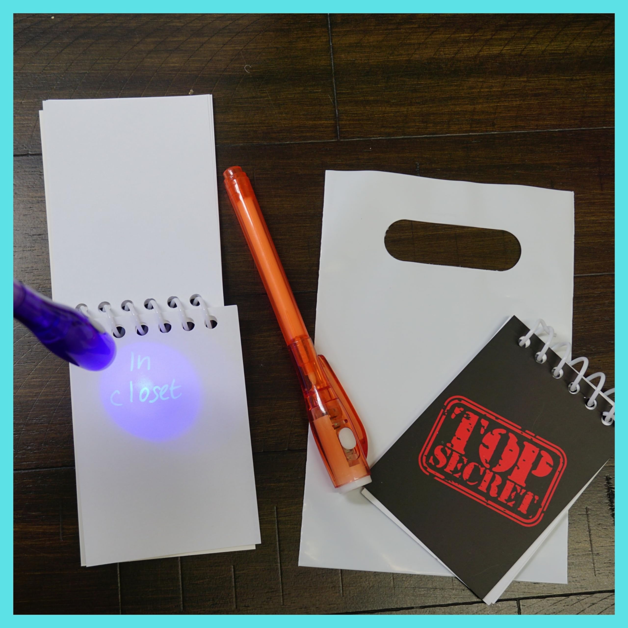 4E's Novelty 12 Invisible Ink Pen with UV Light, 12 Mini Top Secret Notebook and 12 White Goodie Bags - Fun Bulk Party Favors for Kids