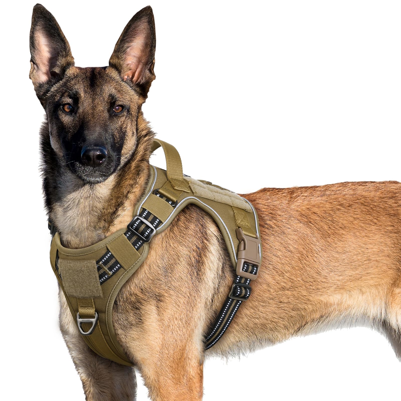rabbitgoo Dog Harness Large Dog No Pull, Tactical Adjustable Pet Harness with Molle Panel, Breathable Military Vest, Reflective Walking Vest with Easy Control Handle for Training Walking, Brown, XL