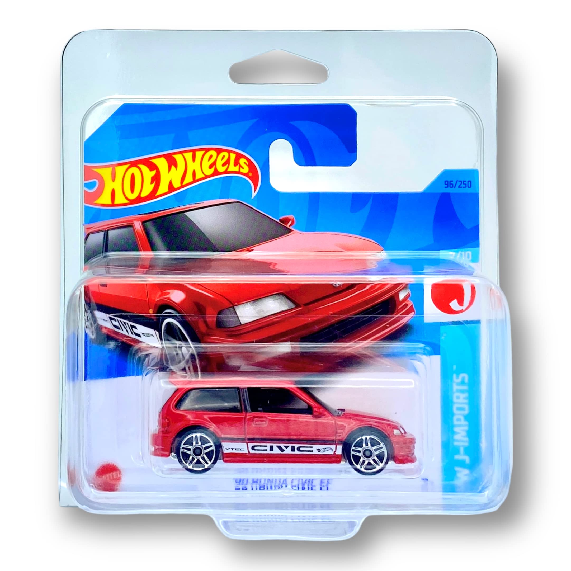 Hot Wheels '90 Honda Civic EF (Red) 7/10 HW J-Imports 2023-96/250 (Short Card) - COMES IN A KLAS CAR KEEPER PROTECTIVE COLLECTORS CASE - HKJ16