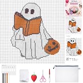 XunYee 13 Pcs Halloween Reading Ghost 18 Mesh Needlepoint Canvas Kit | 18 Mesh Needle Point Printed Pattern for Adult, Embroidery Threads Needles Scissors Storage Bag, Christmas DIY Craft