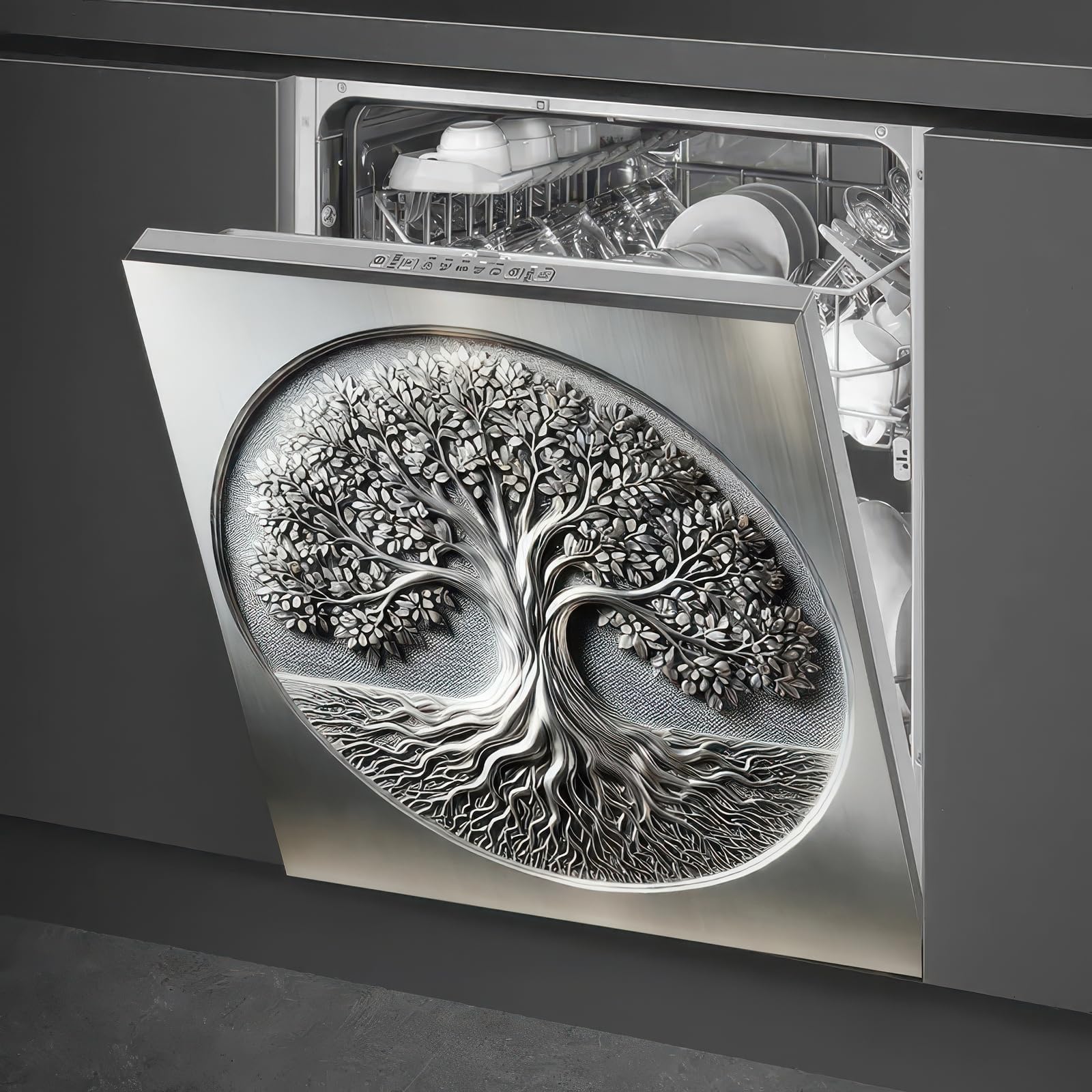 Photo 1 of BlissYard Sliver Metal Tree of Life Dishwasher Magnet Cover Skin Panel 23x26 Inch Magnetic Dishwasher Covers Decorative Appliances Refrigerator Cupboard Magnet Cover Kitchen Decoration