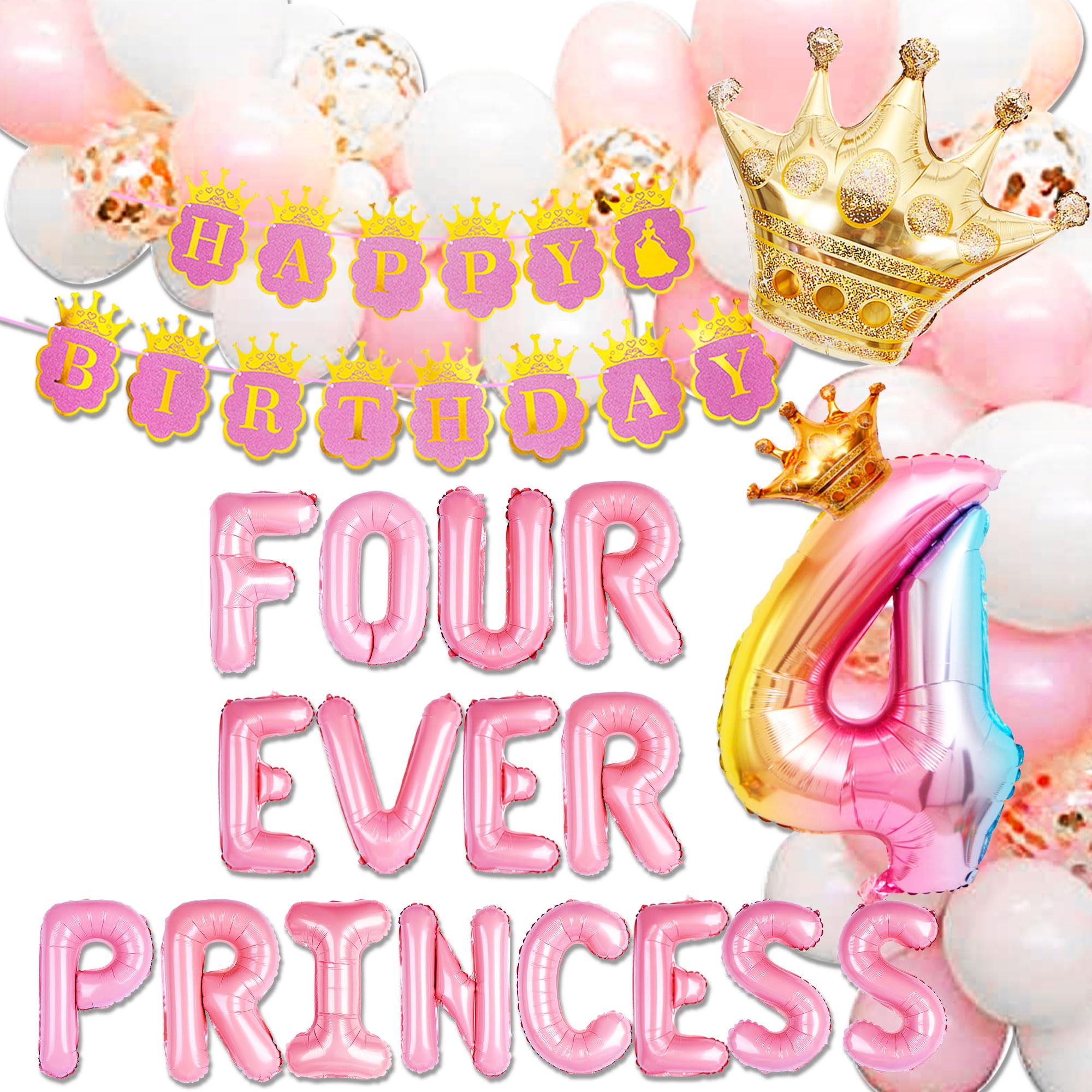 Photo 1 of Four Ever a Princess Birthday Decorations Pink Gold Princess Castles Balloon Garland Crown Number 4 Foil Balloons Banner for 4 Years Old Birthday Party Decor Supplies