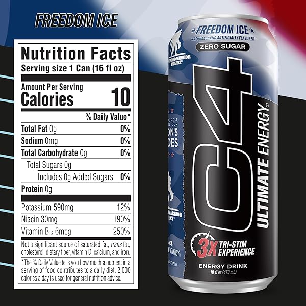 CELLUCOR C4 ULTIMATE X WOUNDED WARRIOR PROJECT | PRE WORKOUT SUGAR FREE ENERGY DRINK | TRI-STIM EXPERIENCE WITH 300MG CAFFEINE + TEACRINE + DYNAMINE | FREEDOM ICE | 16OZ (PACK OF 12)