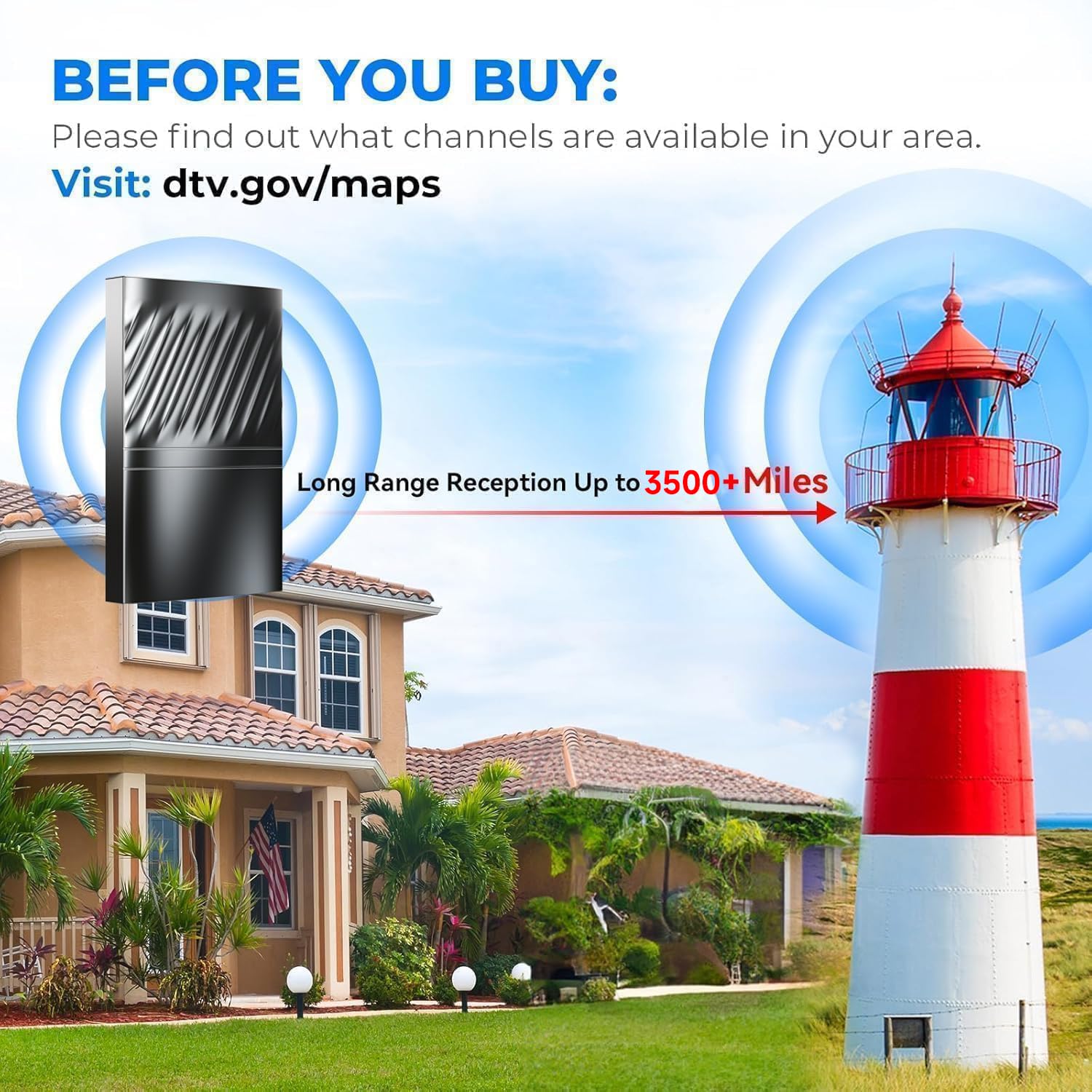 3500+ Miles TV Antenna, 2025 Strongest Digital Antenna for Smart TV Indoor Outdoor,HDTV Antenna for Local Channels with Amplifier Signal Booster-52ft Coax Cable/AC Adapter-Support 8K 4K 1080p All TVs
