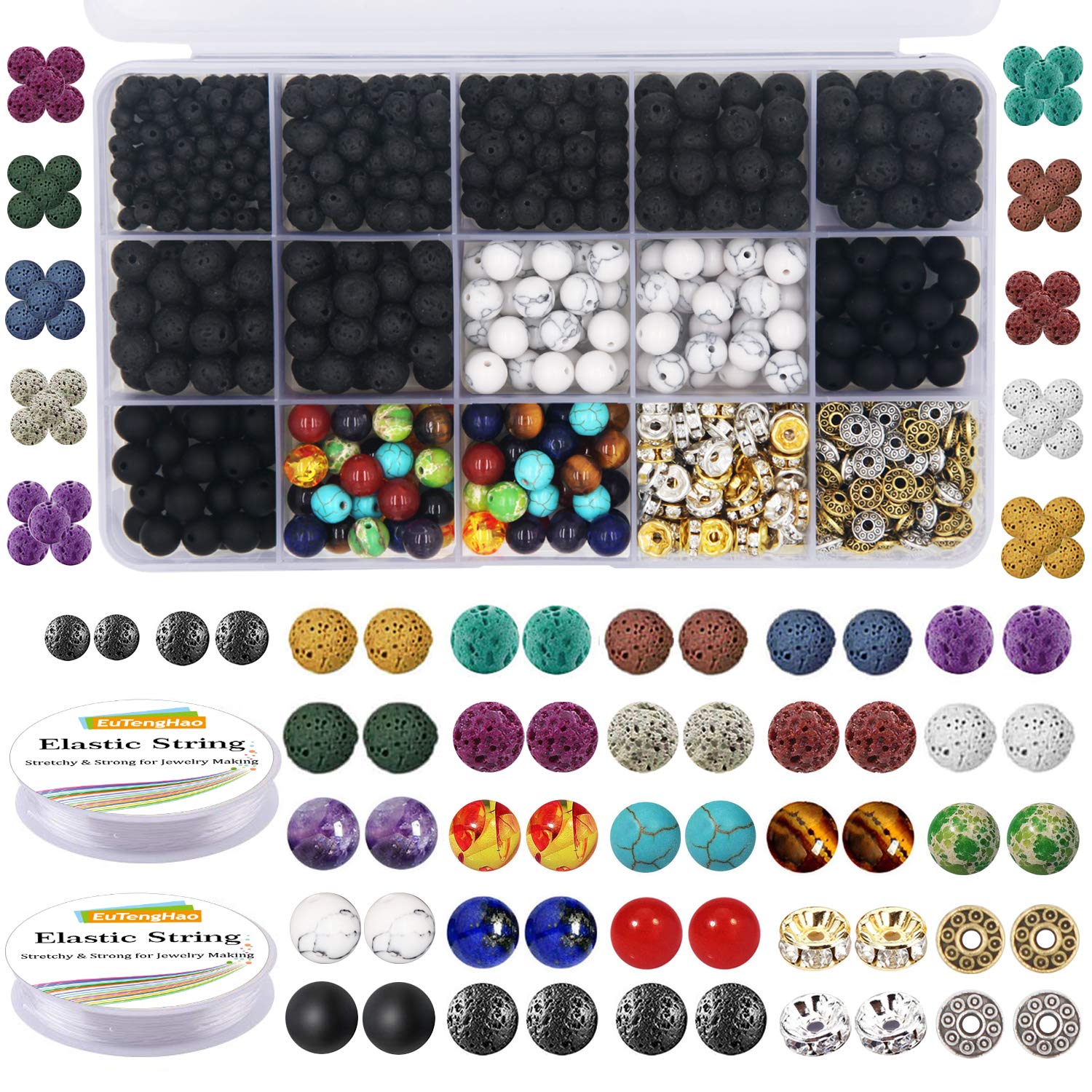 Photo 1 of EuTengHao 715Pcs Lava Beads Stone Rock Beads Glass Beads Bracelet Making Kit with Chakra Beads Spacer Beads Bracelet Elastic String for Diffuser Essential Oils Bracelets DIY Jewelry Making Supplies