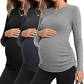 Sweetyweee 3 Pack Women's Maternity Shirts Long Sleeve Waffle Thermal Pregnancy Tee Crew Neck Side Ruched Mama Clothes