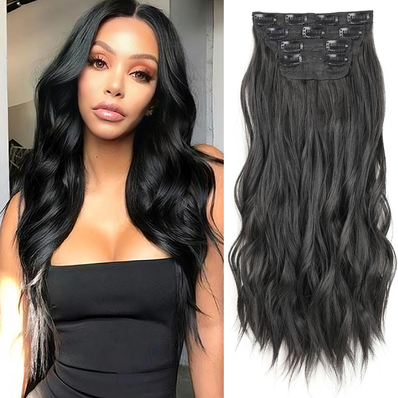 Samtress Hair Extensions Clip in for Women 16 Inch Clip in Long Wavy Curly Hair Extension 4PCS Natural Black Synthetic Hair Extension Thick Hairpieces (#1B) — image 1