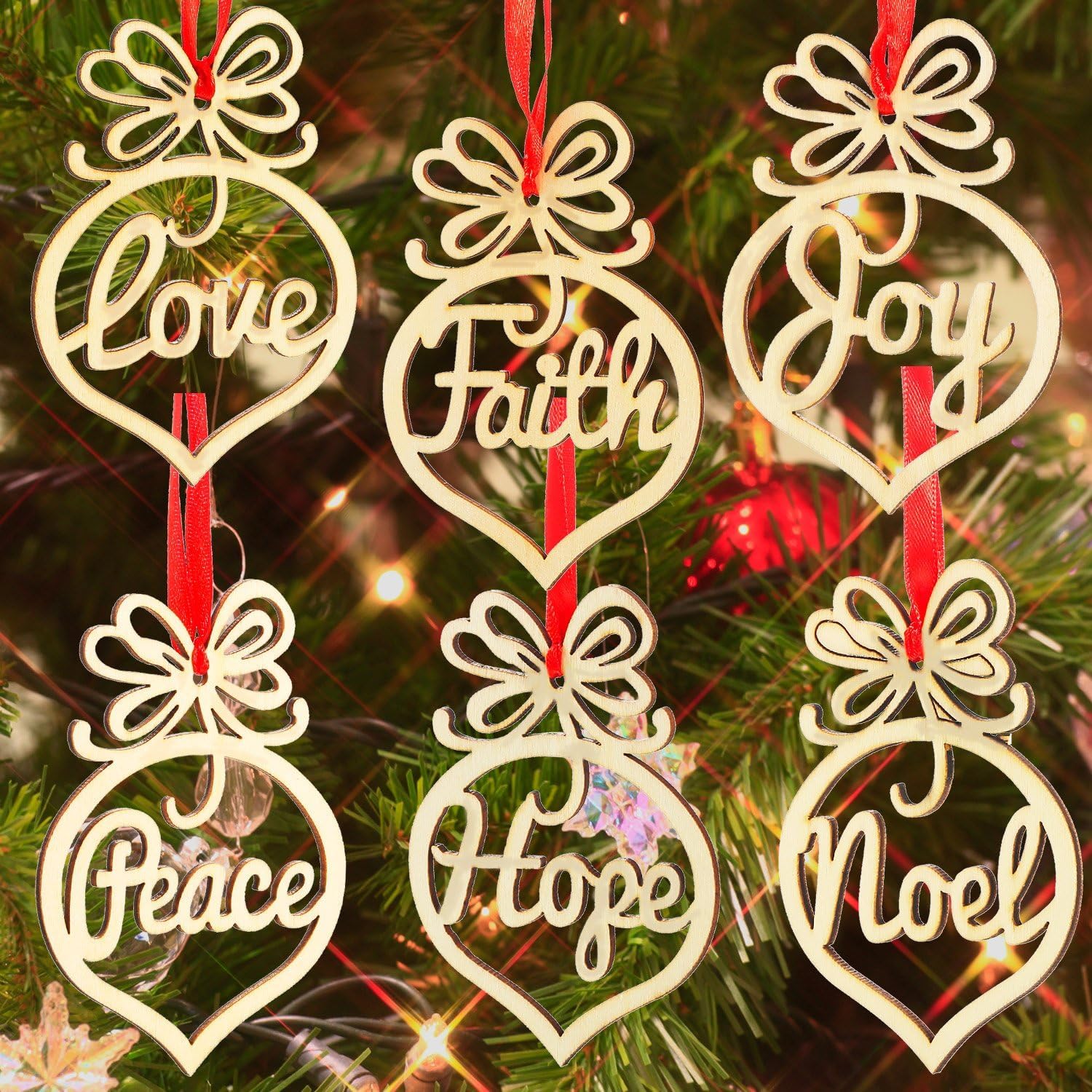 Healifty 6pcs Wooden Christmas Tree Decorations Ornaments Hanging Hollow out Heart Peace Love Joy Faith Noel Hope Christmas Craft Embellishments