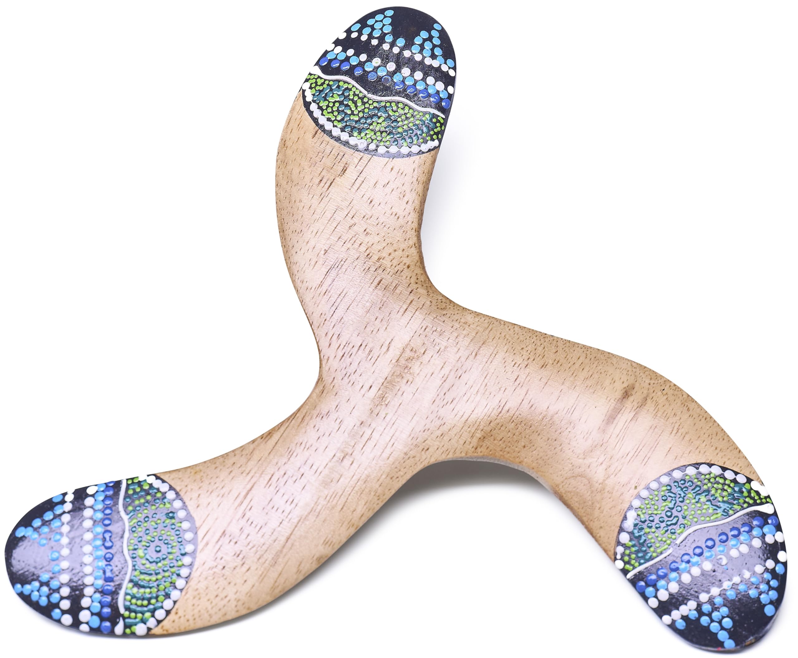 Australian Treasures Boomerang, Sky Blue, 3-Blades, Aboriginal Design, 22cm, Wood, Suitable for Beginners