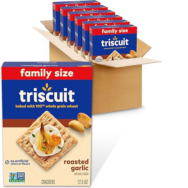 TRISCUIT ROASTED GARLIC WHOLE GRAIN WHEAT CRACKERS, LUNCH SNACKS, BULK SNACK CRACKERS, FAMILY SIZE, 6 – 12.5 OZ BOXES