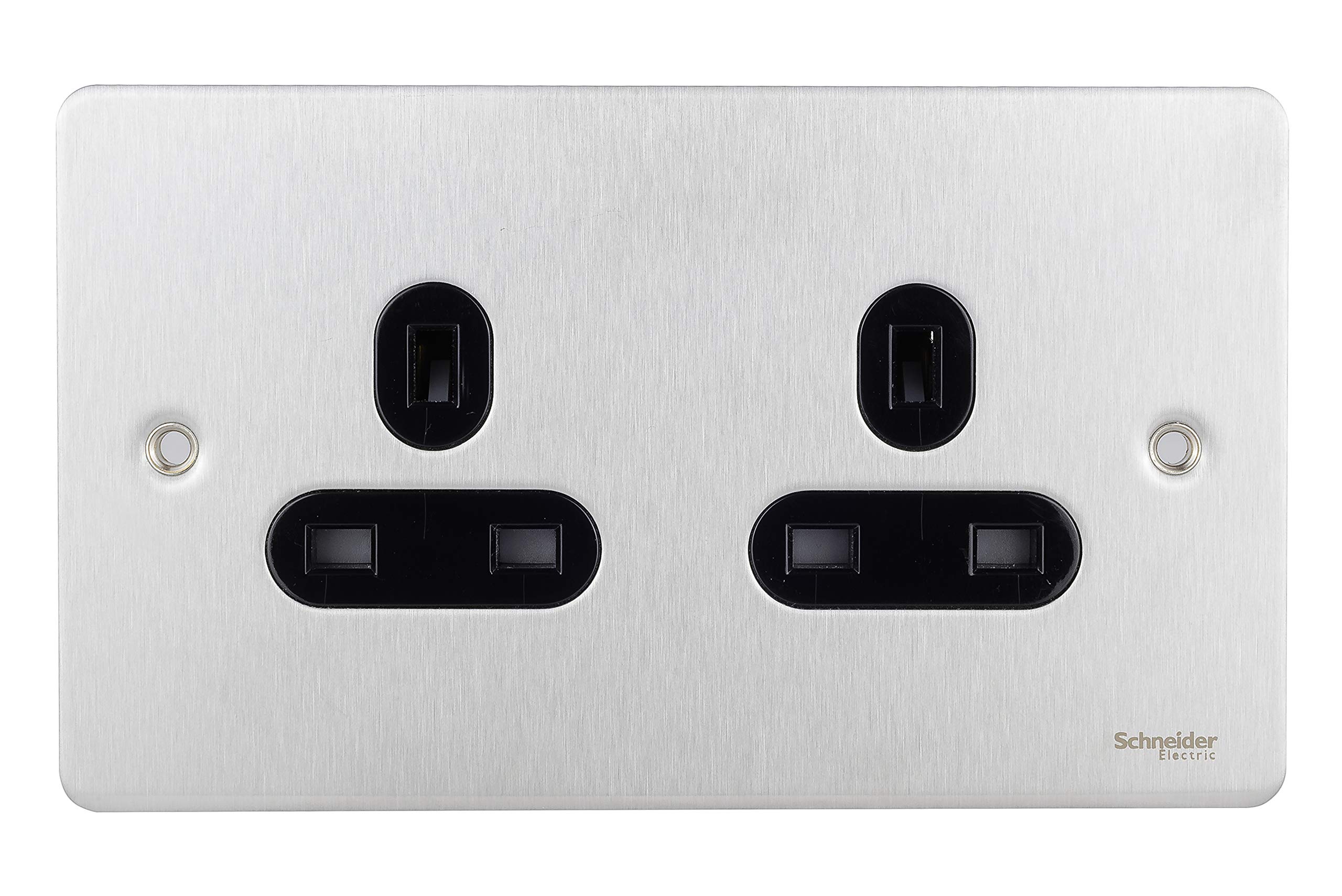 Schneider Electric Ultimate Flat Plate - Unswitched Double Power Socket, Single Pole, 13A, GU3260BSS, Stainless Steel with Black Insert